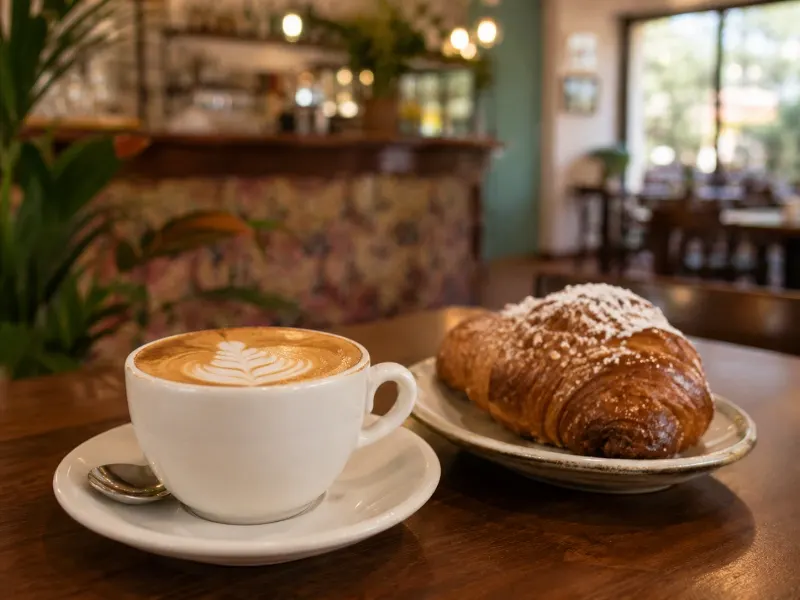 Tazza di cappuccino con latte art e cornetto alla crema spolverato di zucchero su tavolo del bar