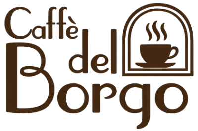Logo Caffè del Borgo con tazza fumante in cornice ad arco