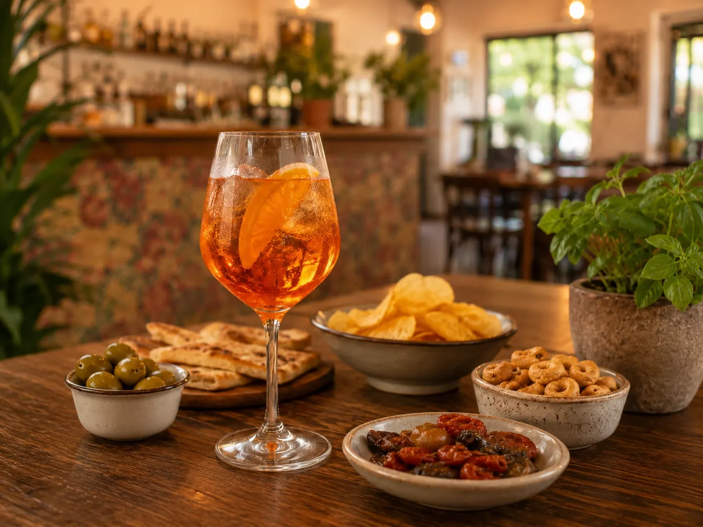 Calice di spritz con fetta d’arancia e ciotole di olive, patatine e stuzzichini su tavolo del bar