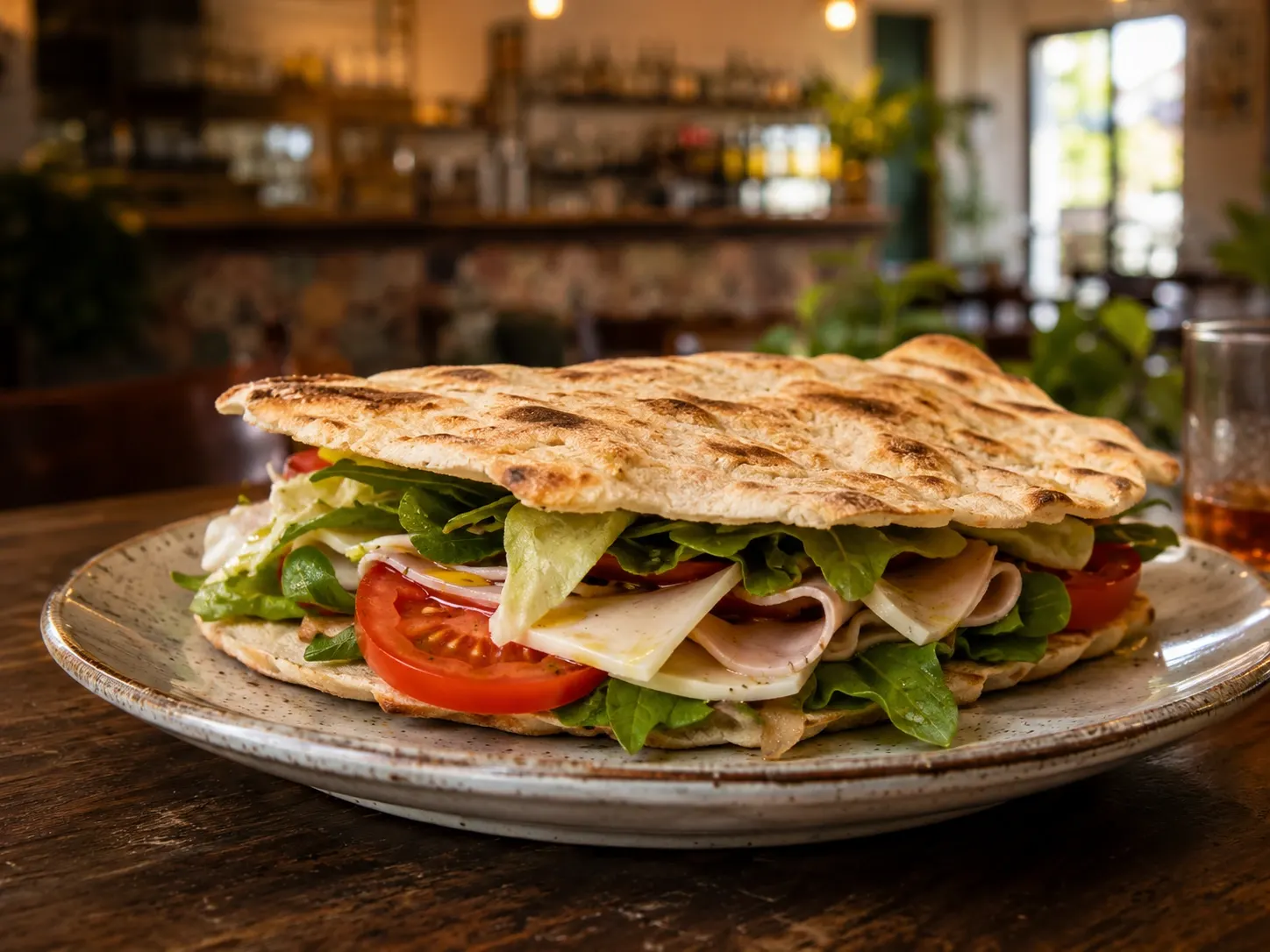 Focaccia farcita con prosciutto, formaggio, lattuga e pomodoro su piatto, con bancone del bar sullo sfondo